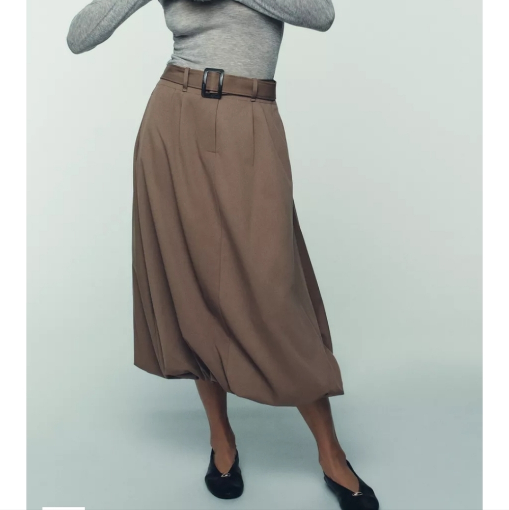ZARA BELTED BALLOON MIDI SKIRT | TAUPE BROWN | 2028/674/707